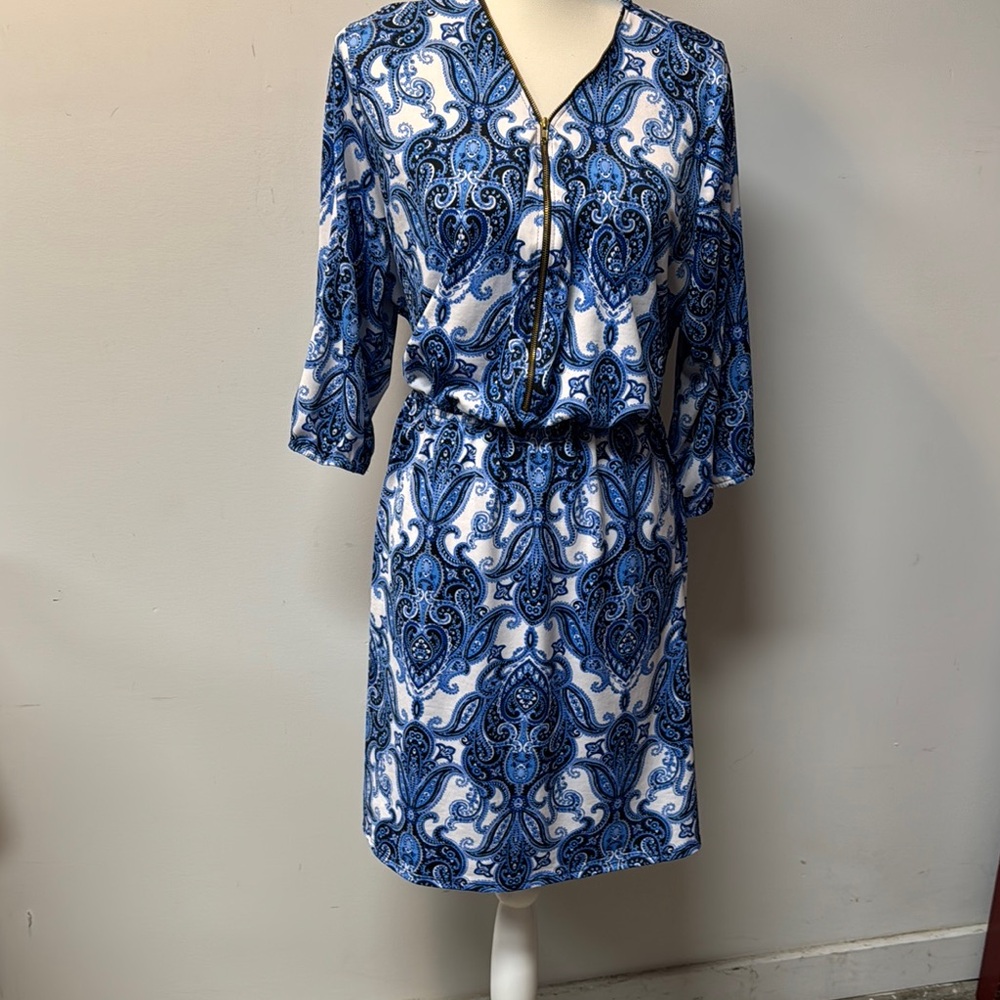 Expresso Dress Blue White Elastic Waist Zip Front V-neck Above Knee Plus Size 2X